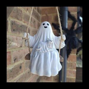 White Ghost Figurine with Cat on Swing